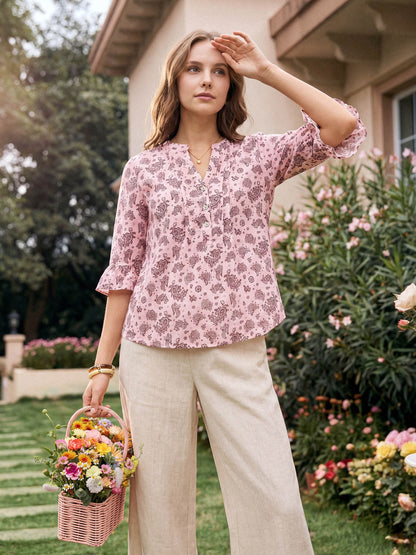 Linen Paisley Pintucked Ruffle-Cuff Curved Hem Blouse ILARIA