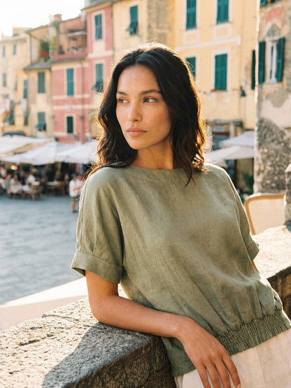 100% Linen Drop Shoulder Split-Back Double Shirred Hem Top LINDSEY