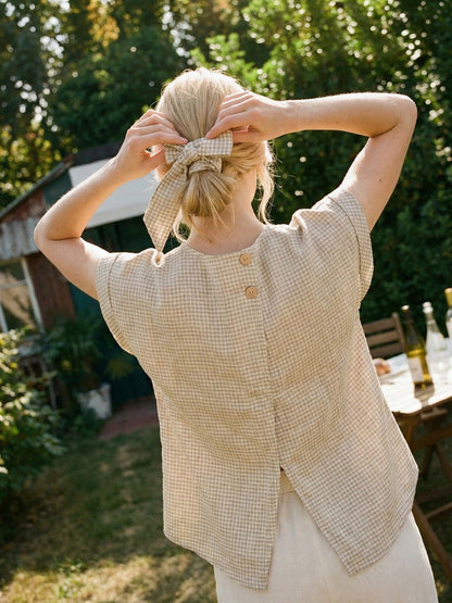 100% Linen Plaid Detachable Tie-Belt Split-Neck Top LEXIE