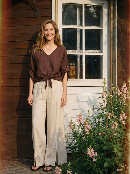 100% Linen Twist-Hem Batwing Top LAVENA