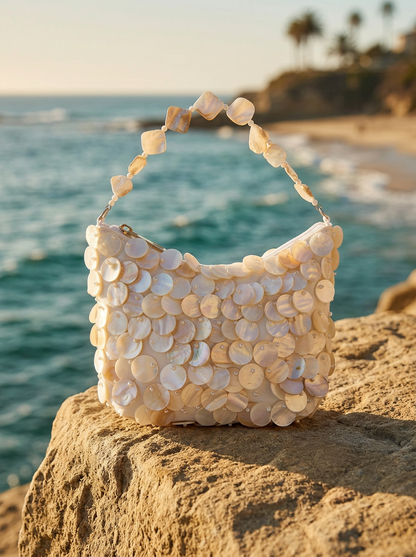Luxe Handcrafted Mother of Pearl Disc Clutch for Special Occassion & Summer Vacations