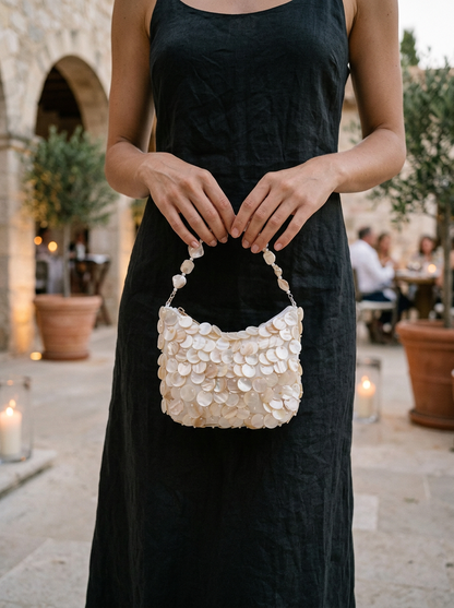 Luxe Handcrafted Mother of Pearl Disc Clutch for Special Occassion & Summer Vacations