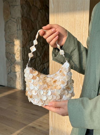 Luxe Handcrafted Mother of Pearl Disc Clutch for Special Occassion & Summer Vacations