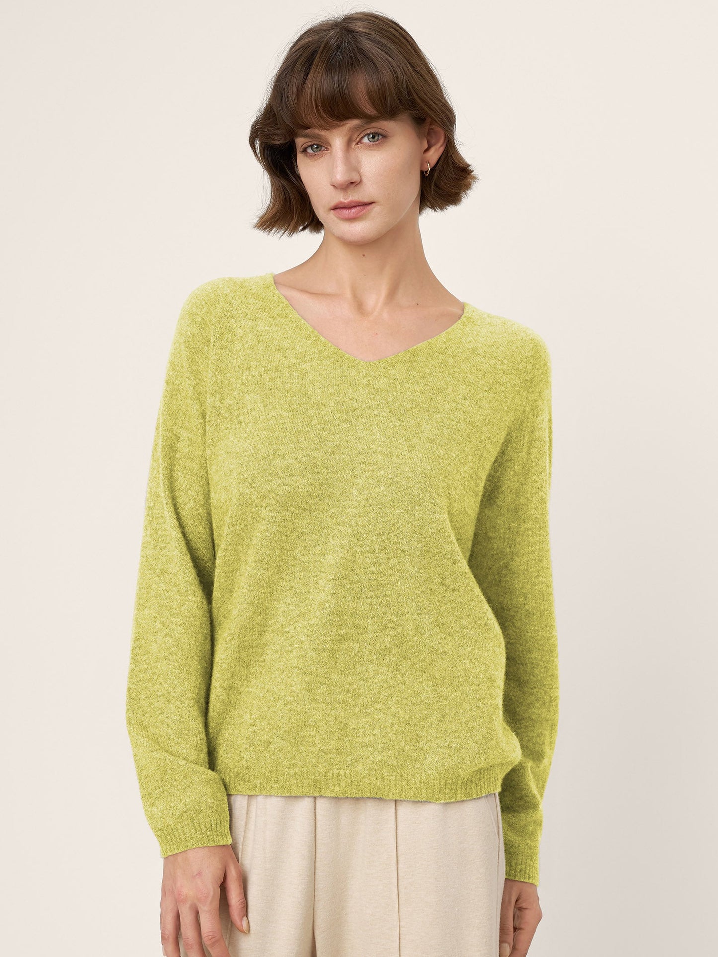 Mongolian Cashmere & Mulberry Silk Seamless Ribbed Trim V-Neck Sweater TESSA