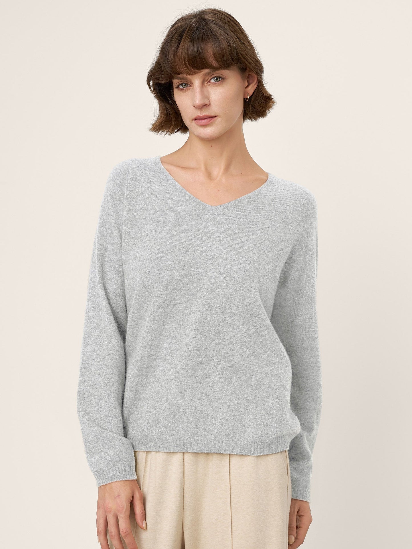 Mongolian Cashmere & Mulberry Silk Seamless Ribbed Trim V-Neck Sweater TESSA