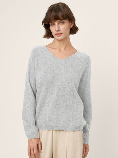 Mongolian Cashmere & Mulberry Silk Seamless Ribbed Trim V-Neck Sweater TESSA