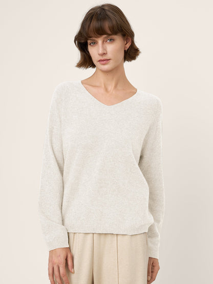 Mongolian Cashmere & Mulberry Silk Seamless Ribbed Trim V-Neck Sweater TESSA