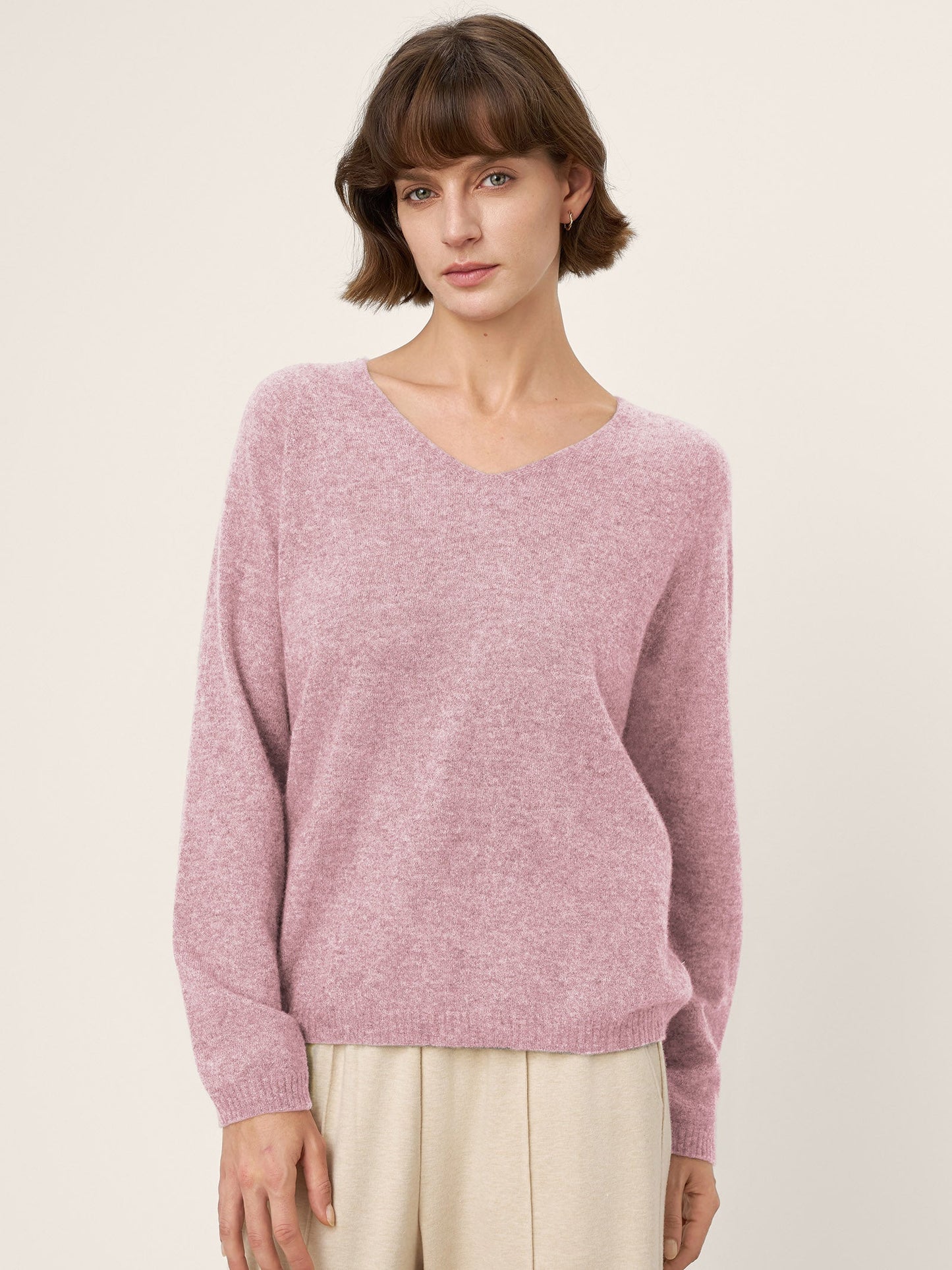 Mongolian Cashmere & Mulberry Silk Seamless Ribbed Trim V-Neck Sweater TESSA
