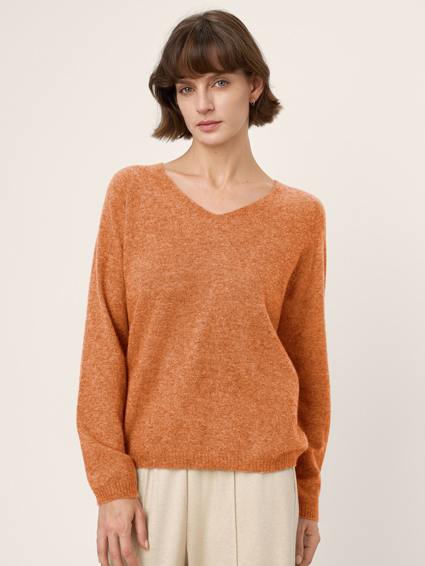 Mongolian Cashmere & Mulberry Silk Seamless Ribbed Trim V-Neck Sweater TESSA