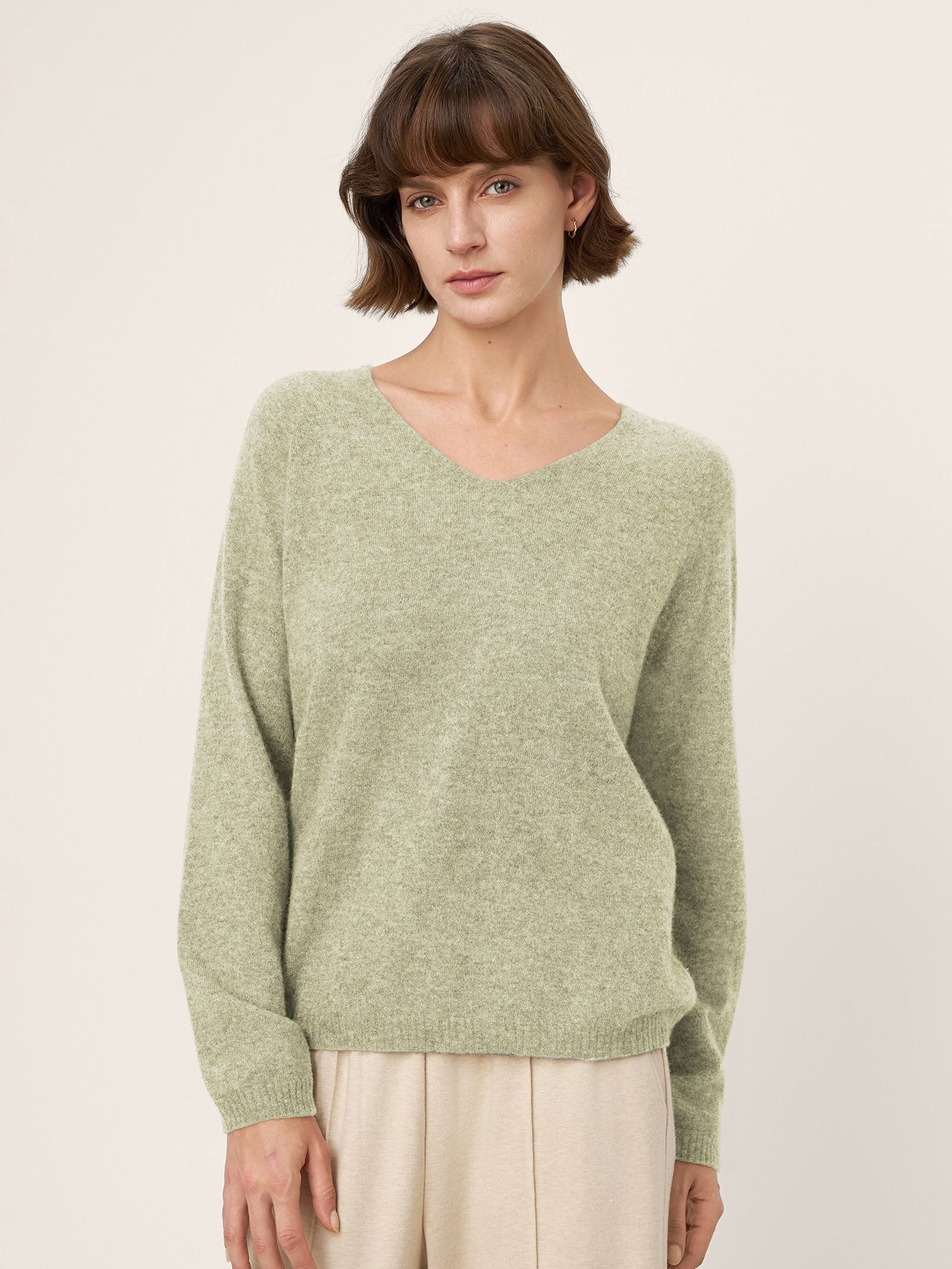 Mongolian Cashmere & Mulberry Silk Seamless Ribbed Trim V-Neck Sweater TESSA