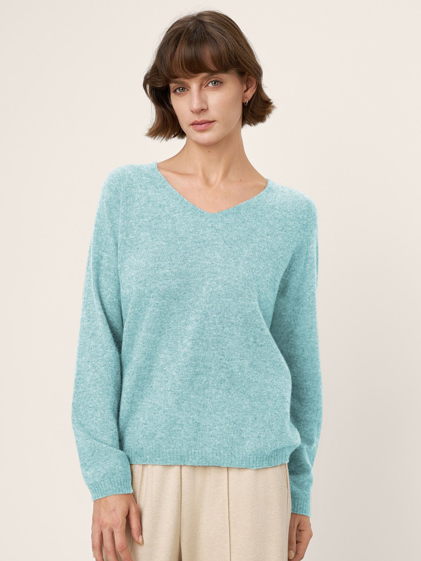 Mongolian Cashmere & Mulberry Silk Seamless Ribbed Trim V-Neck Sweater TESSA