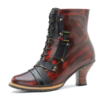 Handcrafted Vintage Mixed Leather High Heel Ankle Boots