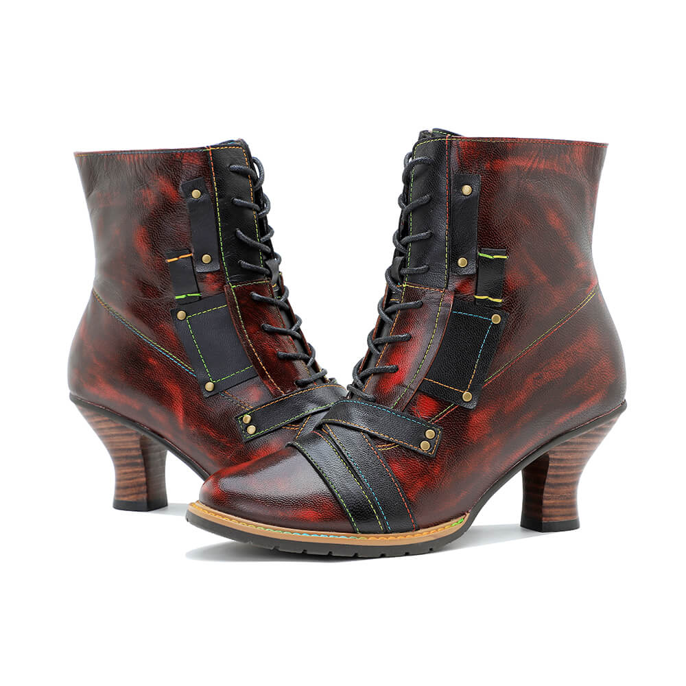 Handcrafted Vintage Mixed Leather High Heel Ankle Boots