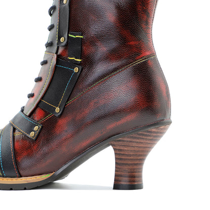 Handcrafted Vintage Mixed Leather High Heel Ankle Boots