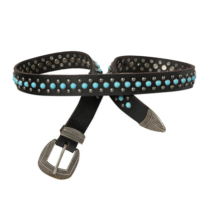 Midnight Ranger Western Leather Belt - Calfskin with Turquoise Stones