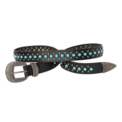 Midnight Ranger Western Leather Belt - Calfskin with Turquoise Stones