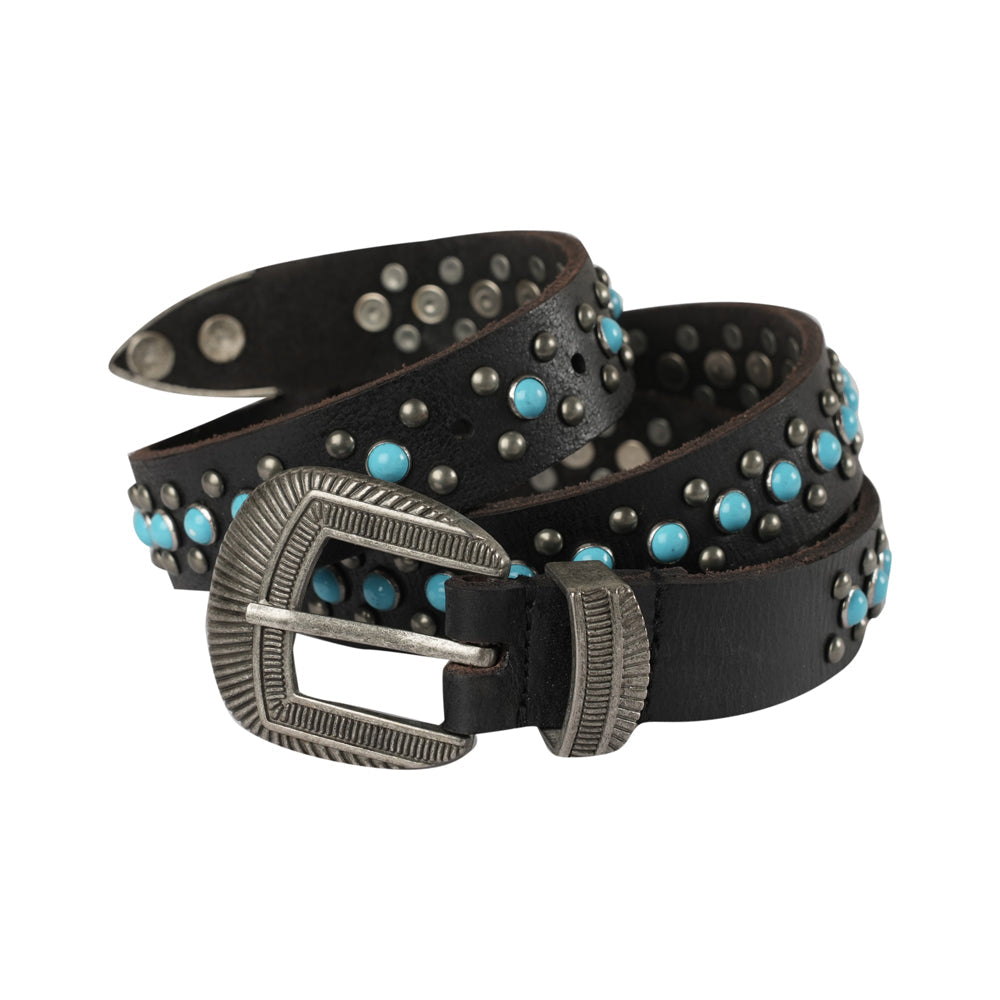 Midnight Ranger Western Leather Belt - Calfskin with Turquoise Stones