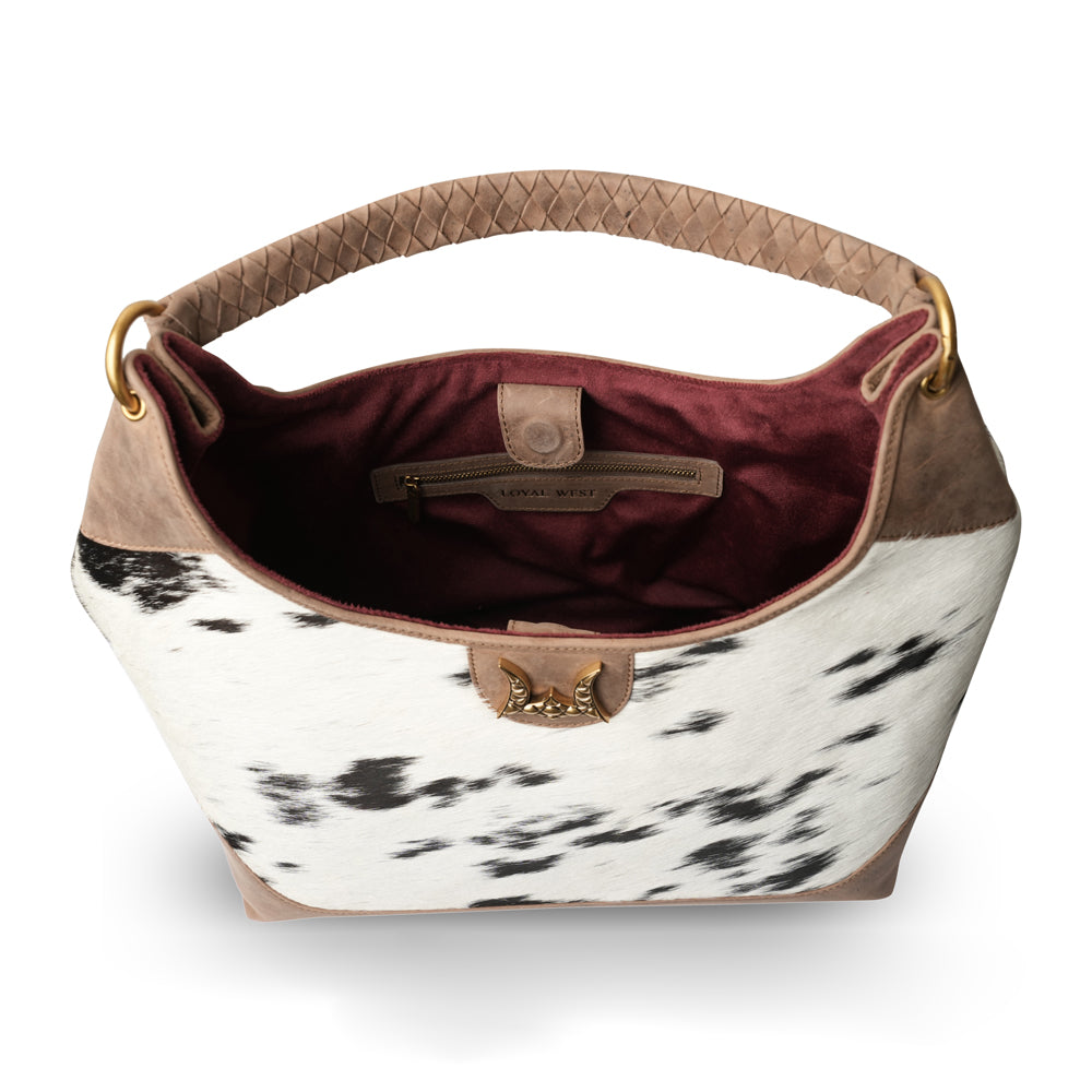 LW Large Purse - Black & White Cowhide with Oiled Brown Leather