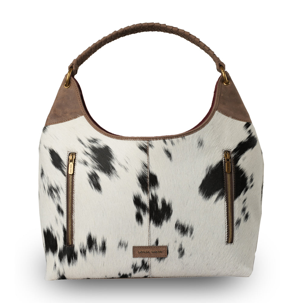 LW Large Purse - Black & White Cowhide with Oiled Brown Leather