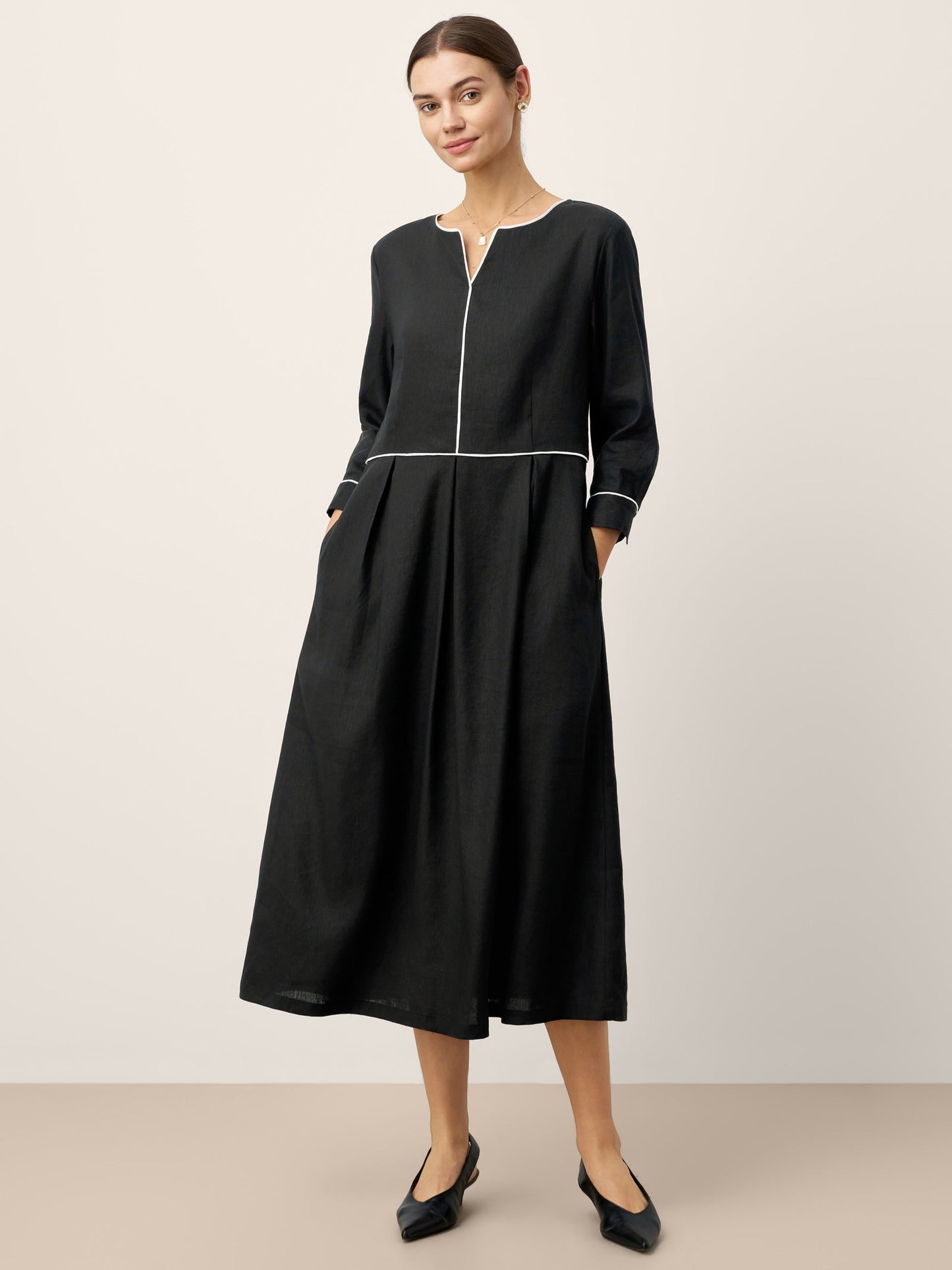 Linen-Lyocell Contrast Trim Gathered Midi Dress NYX