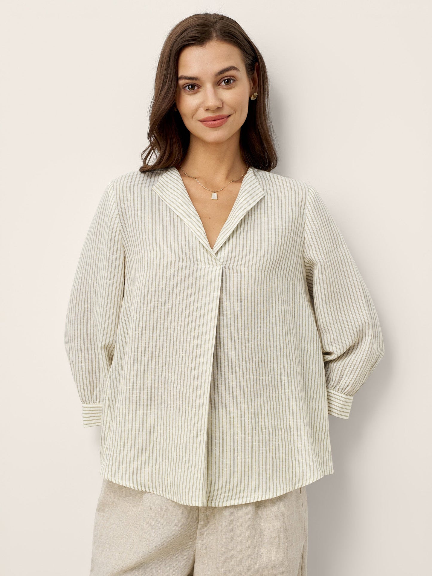 Linen-Lyocell Striped Lapel Inverted Pleat Pullover Top MARGOT