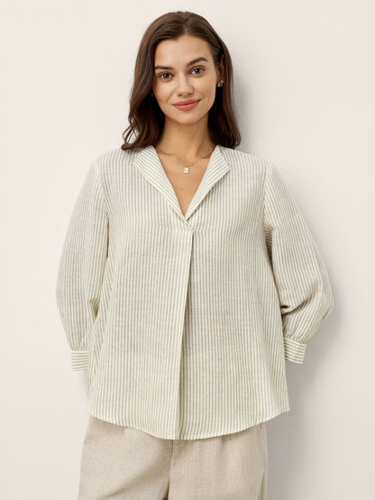 Linen-Lyocell Striped Lapel Inverted Pleat Pullover Top MARGOT
