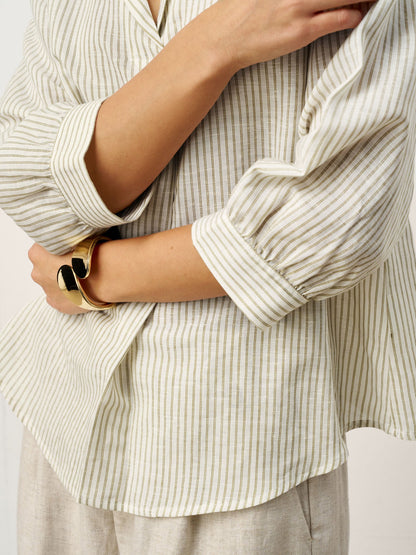 Linen-Lyocell Striped Lapel Inverted Pleat Pullover Top MARGOT