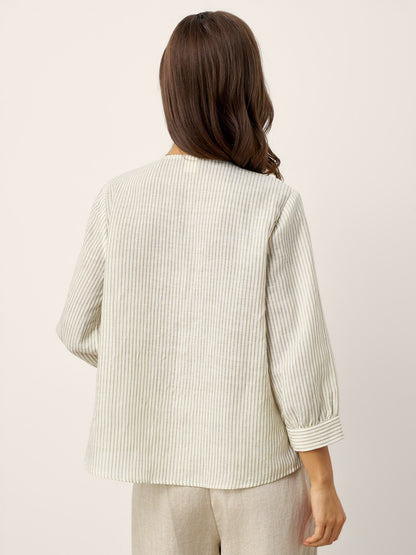 Linen-Lyocell Striped Lapel Inverted Pleat Pullover Top MARGOT