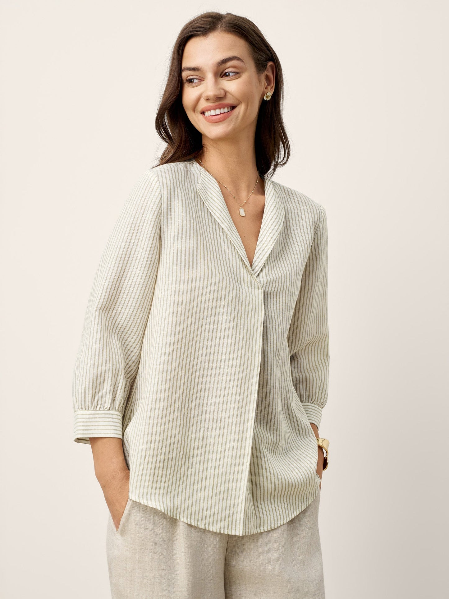 Linen-Lyocell Striped Lapel Inverted Pleat Pullover Top MARGOT