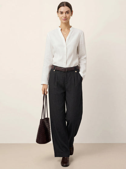 Linen-Lyocell Pleated Wide Leg Trousers with Back Elastic & Button Detail AISLING