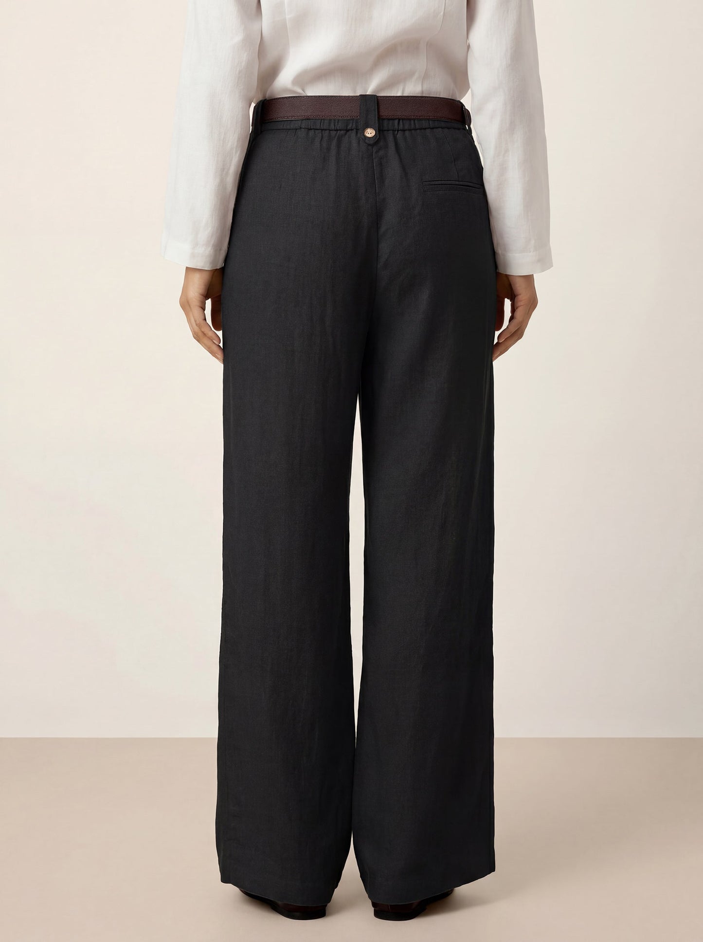 Linen-Lyocell Pleated Wide Leg Trousers with Back Elastic & Button Detail AISLING