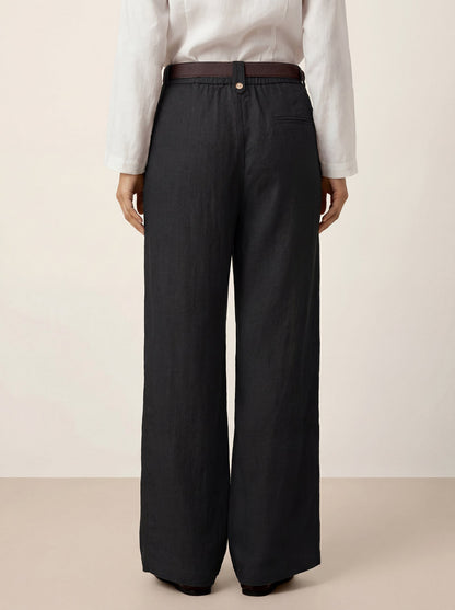 Linen-Lyocell Pleated Wide Leg Trousers with Back Elastic & Button Detail AISLING