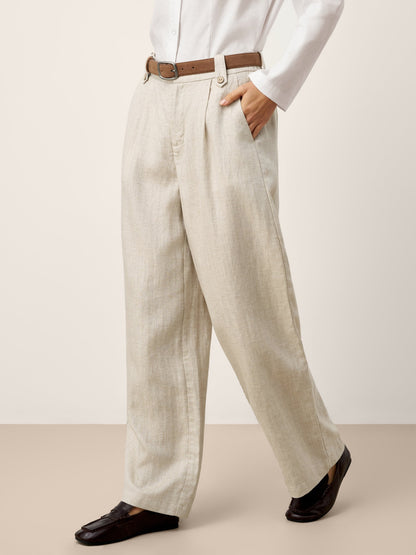 Linen-Lyocell Pleated Wide Leg Trousers with Back Elastic & Button Detail AISLING