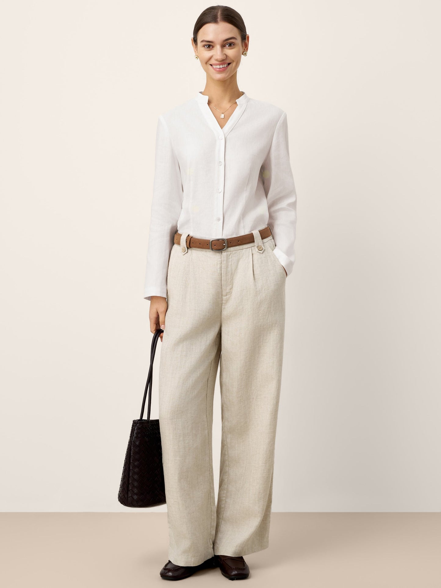 Linen-Lyocell Pleated Wide Leg Trousers with Back Elastic & Button Detail AISLING
