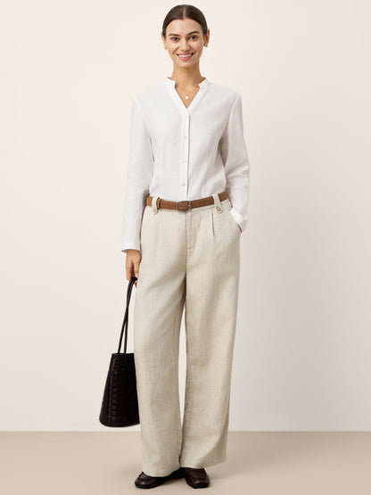 Linen-Lyocell Pleated Wide Leg Trousers with Back Elastic & Button Detail AISLING