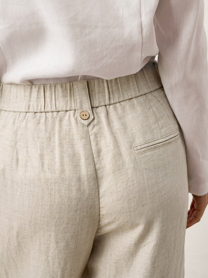 Linen-Lyocell Pleated Wide Leg Trousers with Back Elastic & Button Detail AISLING