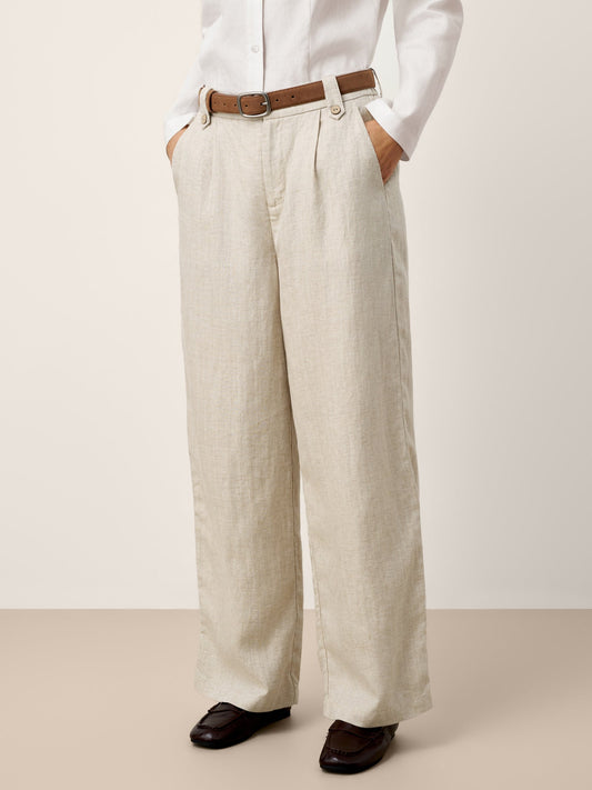 Linen-Lyocell Pleated Wide Leg Trousers with Back Elastic & Button Detail AISLING