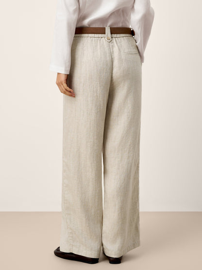 Linen-Lyocell Pleated Wide Leg Trousers with Back Elastic & Button Detail AISLING