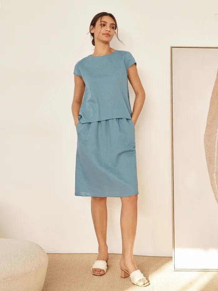 Linen Blend Cap Sleeve Top And Pencil Skirt Set VEDA