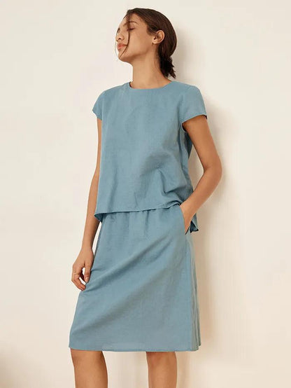 Linen Blend Cap Sleeve Top And Pencil Skirt Set VEDA