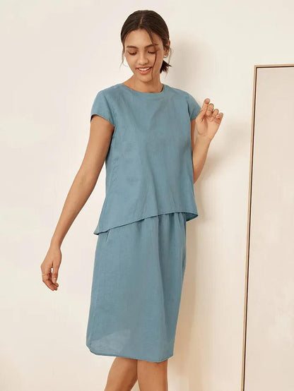 Linen Blend Cap Sleeve Top And Pencil Skirt Set VEDA
