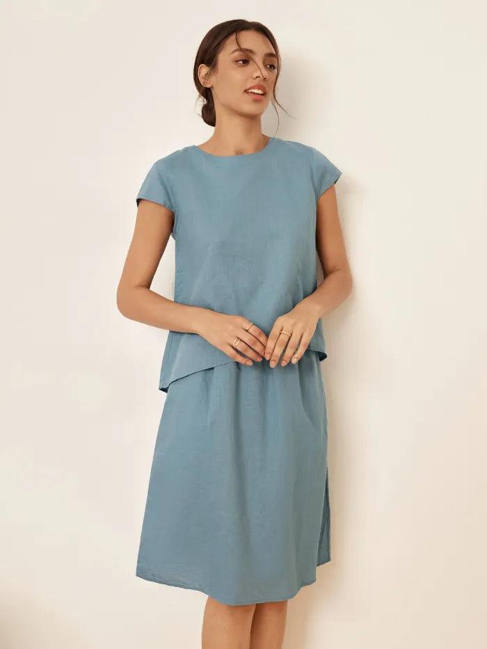 Linen Blend Cap Sleeve Top And Pencil Skirt Set VEDA