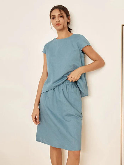 Linen Blend Cap Sleeve Top And Pencil Skirt Set VEDA
