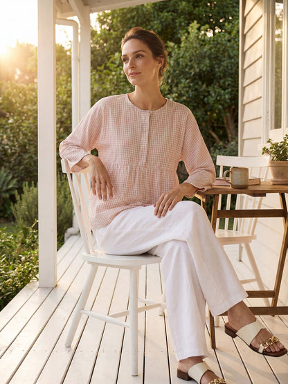 Linen Checked Long-Sleeved Top CAROLINE