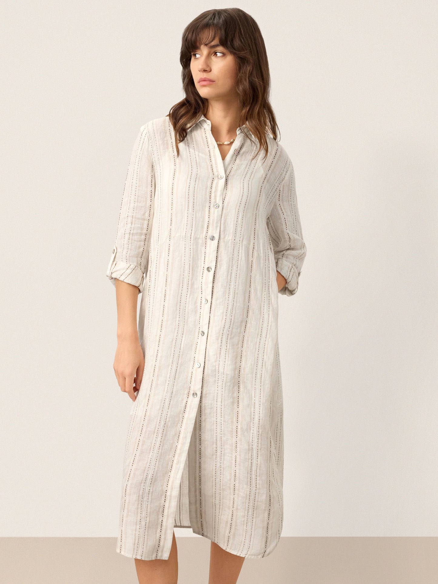 Linen Striped Tab-Sleeve Bohemia Shirt Dress BLYTHE