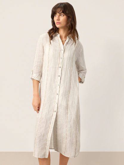 Linen Striped Tab-Sleeve Bohemia Shirt Dress BLYTHE