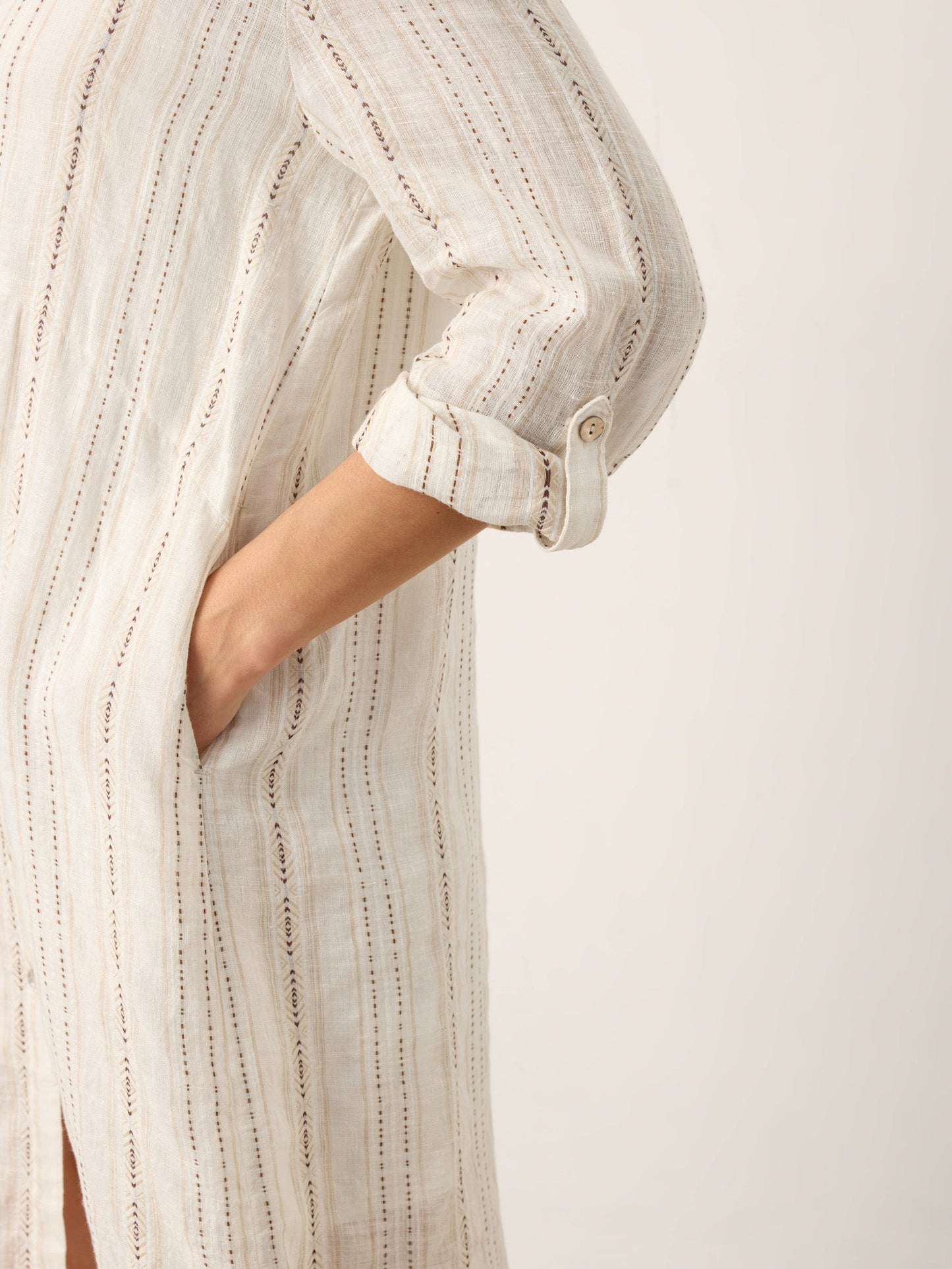 Linen Striped Tab-Sleeve Bohemia Shirt Dress BLYTHE