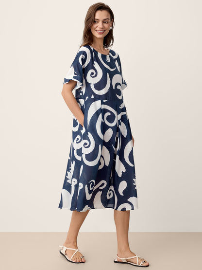 Linen Abstract-Print Pleated-Waist Midi Dress PRIYA