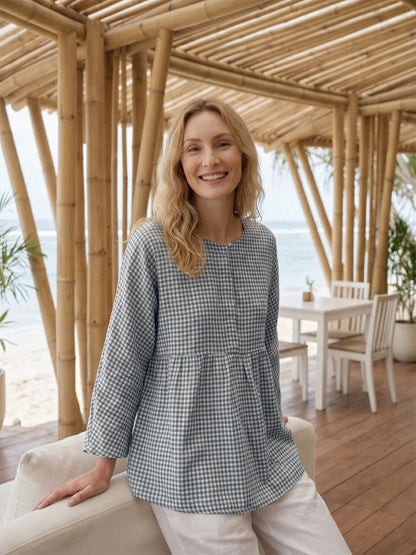 Linen Checked Long-Sleeved Top CAROLINE