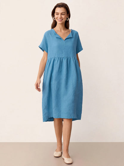Linen Gathered-Hem Split-Neck Mini Dress SYDNEY